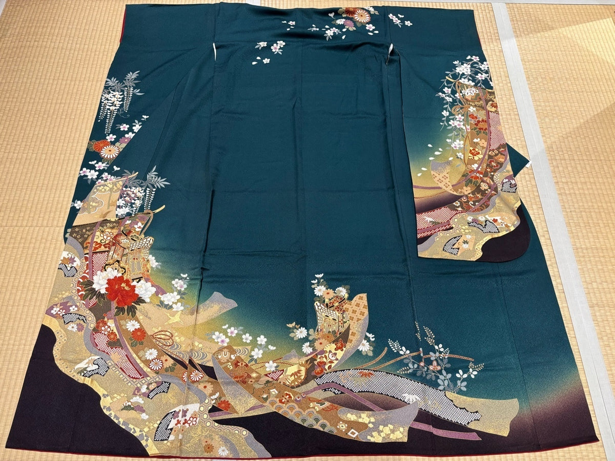 振袖　深緑　深紫　御所車　几帳　金糸　金彩［4570191657605］