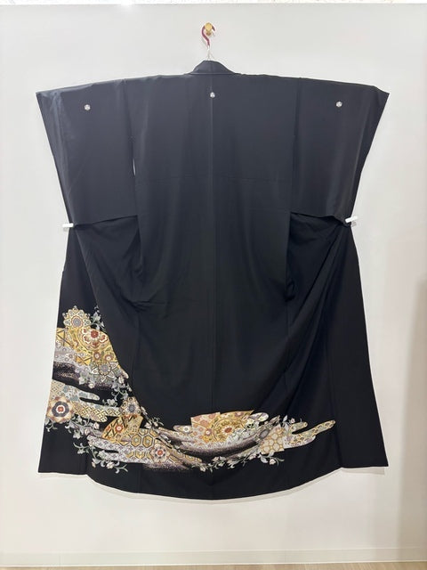 黒留 地紙吉祥花文 暈し染め 金彩 金駒刺繍［4570191712762］
