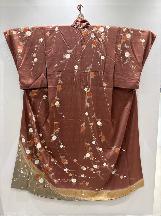 訪問着 赤茶 枝菊宝尽くし花文 暈し染め 金彩 ［4570191718498］