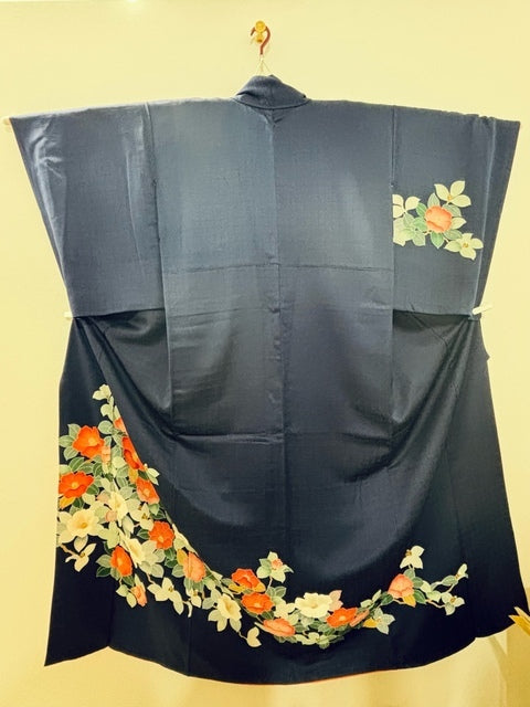 付下げ ネイビー 紺 椿 刺繍 金糸［4570191713103］