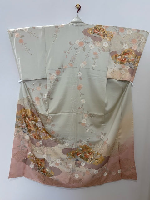 訪問着 薄緑 ピンク 雲文 枝垂れ桜 金糸 金彩 ［4570191712380］