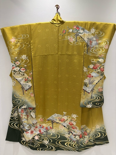 からし色　牡丹 水文 金銀彩 染分け［4570191712854］