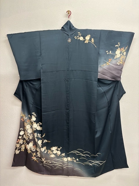 グレー　藍　茶色　枝菊　暈し染　金彩［4570191714315］