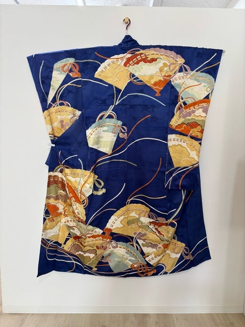Furisode (long-sleeved kimono) in blue-purple with fan and cypress fan flower pattern, gold leaf and embroidery [4570191712496]