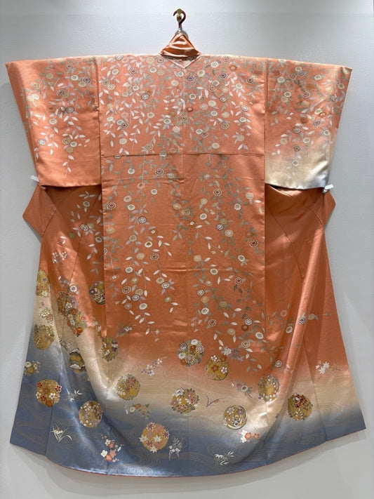 ピンク　グレー　花丸文 流水 金彩 金糸［4570191716678］