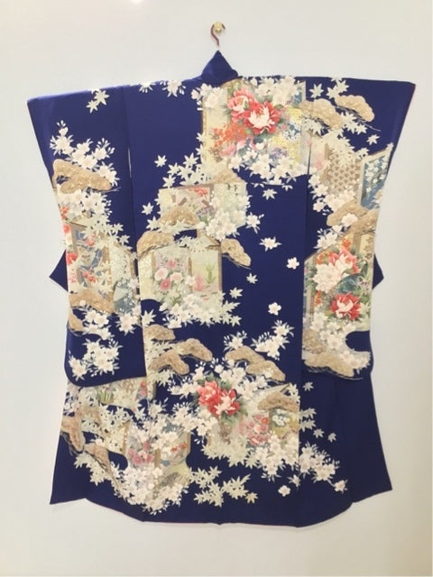 紺色 孔雀 屏風 牡丹 桜 梅 紅葉 金糸 金彩［4570191710461］