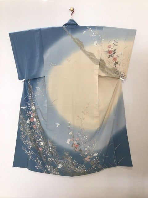 訪問着　青灰色　椿　鶴　金銀彩　ぼかし［4570191712175］