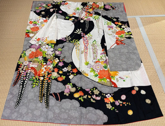 Furisode (long-sleeved kimono) in black and white with a vertical frame pattern featuring peonies, wisteria, seasonal flower carts, and cloud motifs [4570191657681]