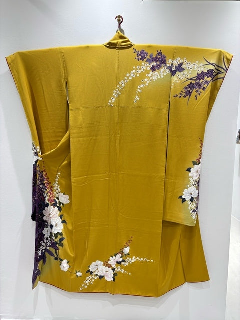 Furisode (long-sleeved kimono) in golden yellow, featuring peony and plum blossom motifs, gold thread, and gold embroidery [4570191714797]