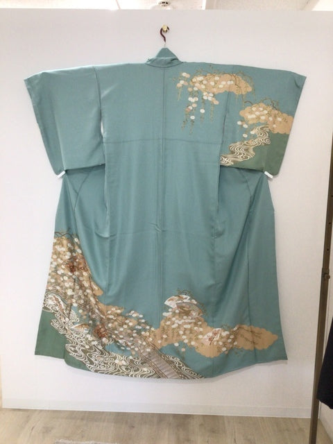 訪問着　薄緑　扇面　草花　金彩［4570191712045］