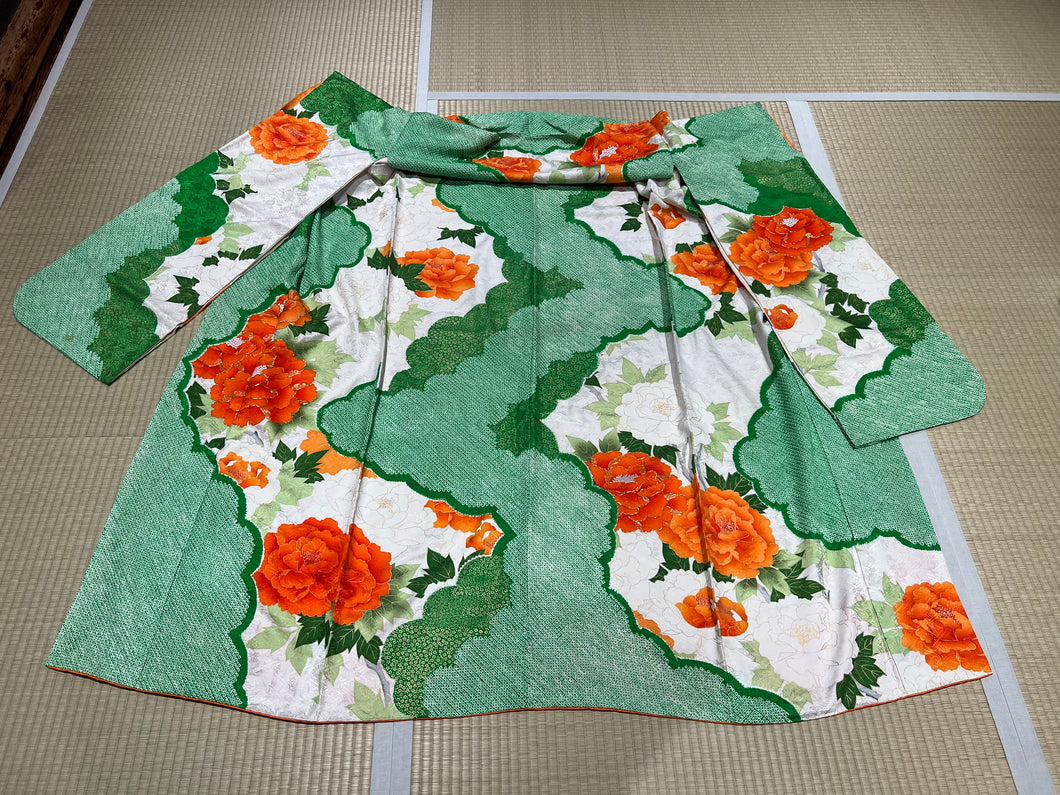 振袖　緑絞り　オレンジ芍薬　[4570191651252]