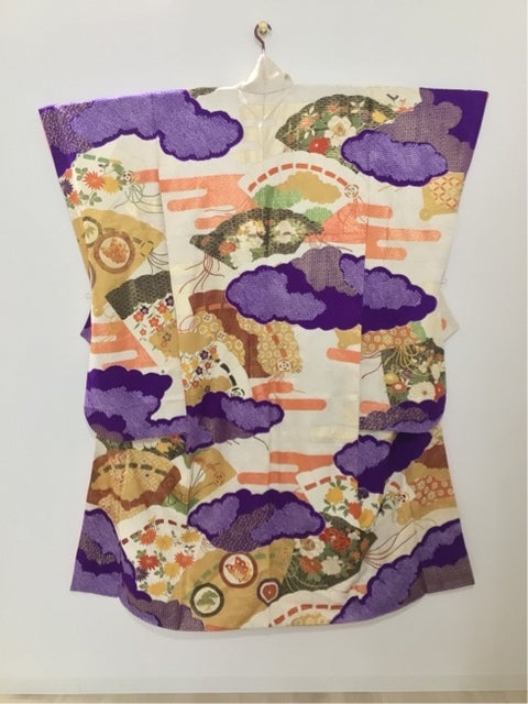 紫 クリーム 桧扇 牡丹 金糸 絞り［4570191711185］