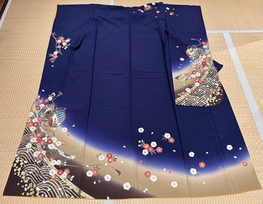 Furisode (long-sleeved kimono) in navy and brown with double cherry blossoms, drums, and waves [4570191656462]