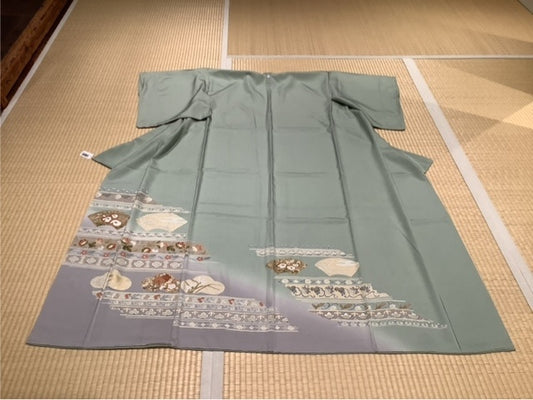 色留　ペールグリーン　ペールラベンダー　グラデ　扇　松
