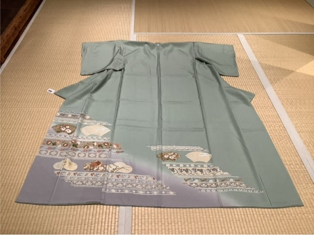 色留　ペールグリーン　ペールラベンダー　グラデ　扇　松