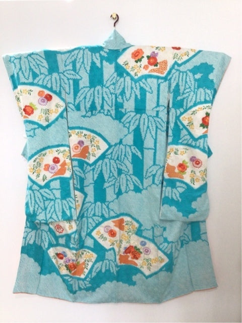 水色　扇面 草花 刺繍 絞り［4570191711215］