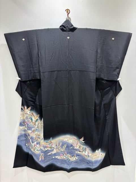 Black formal kimono with wave, flying crane, and plum branch motif, shaded dyeing, and gold accents [4570191712878]