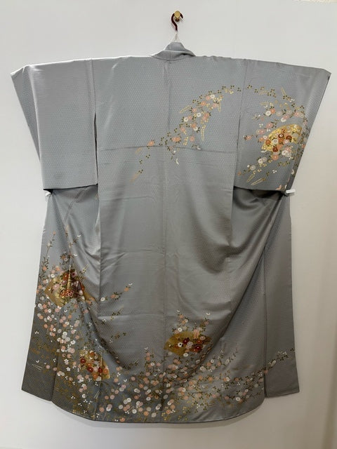 訪問着 グレー 灰色 扇面 秋草 金彩 ぼかし［4570191711741］