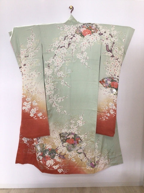 振袖　薄緑　扇面　花鳥　金銀彩　染め分け［4570191712151］