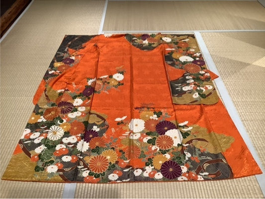 Orange bamboo blind with cloud and chrysanthemum pattern, gold embroidery [4570191656639]