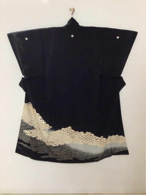 Black formal kimono with standing wave and pine motif, embroidered with horseshoe, shaded dyeing, and gold leaf accents [4570191711109]