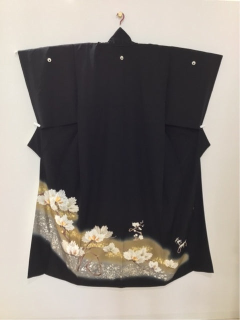 Black formal kimono with pine needle design, artist-made, embroidered with gold and silver accents [4570191710942]