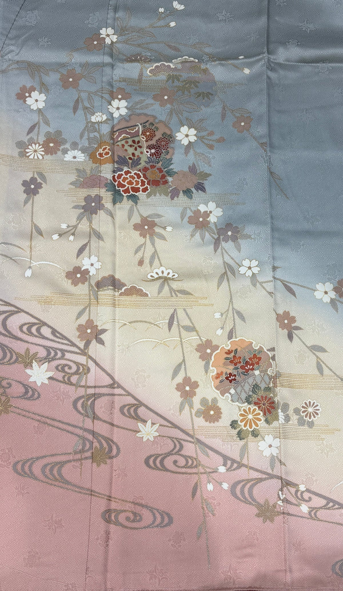 ピンク　グレー　花丸文 流水 金彩 金糸［4570191716678］