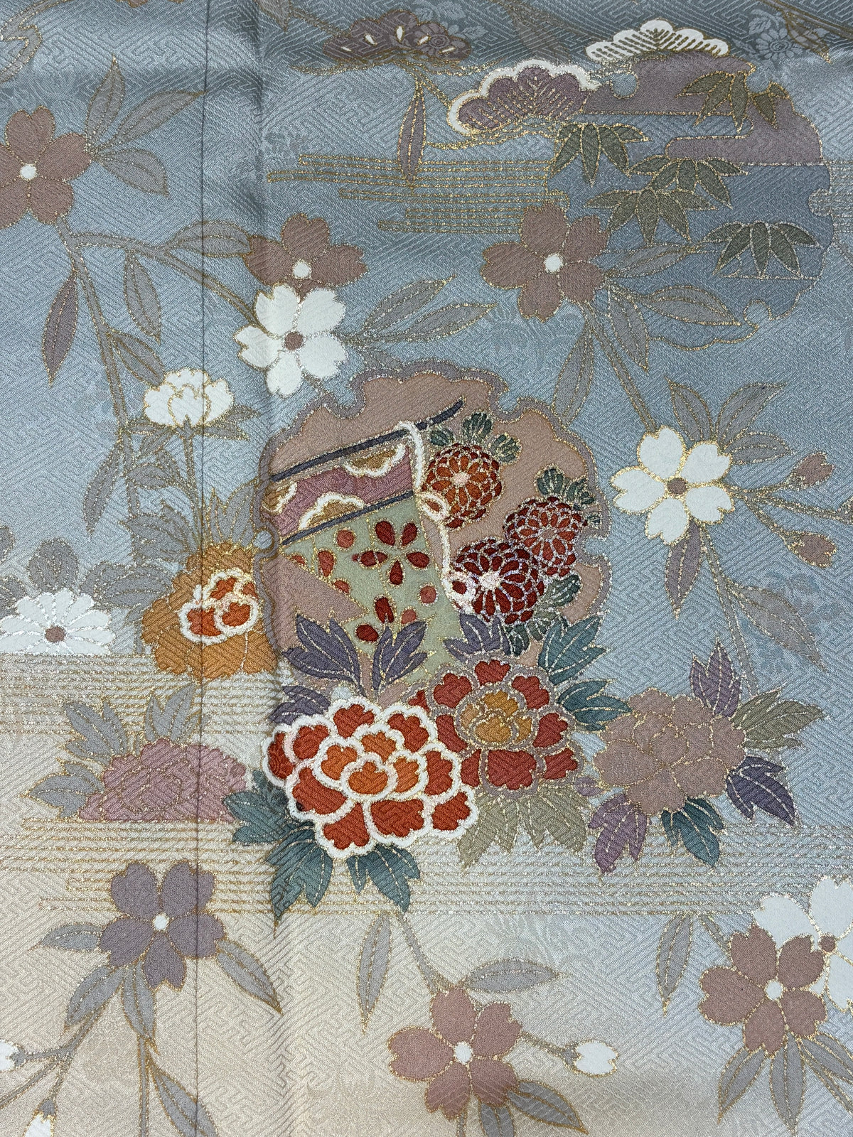 ピンク　グレー　花丸文 流水 金彩 金糸［4570191716678］