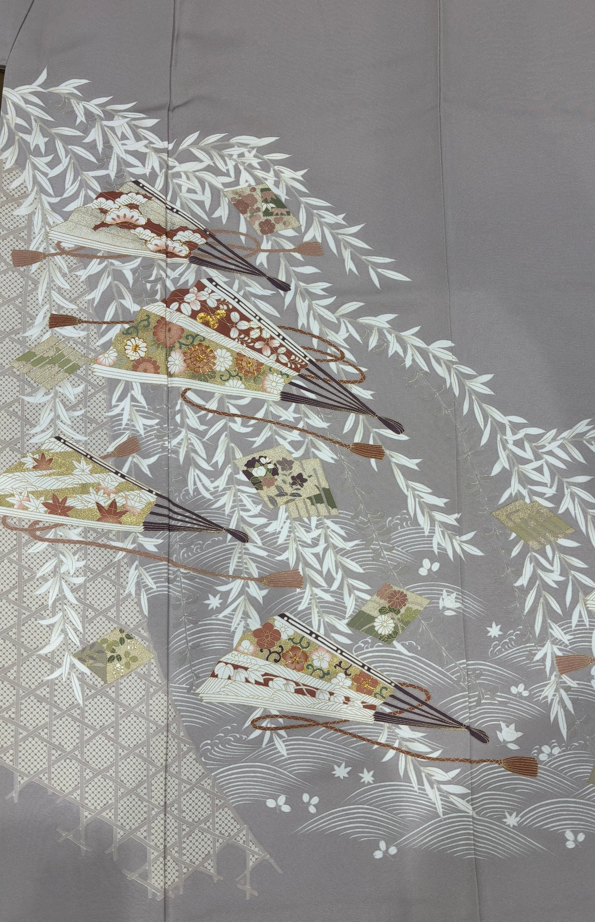 グレー　扇　柳　金糸　金彩［4570191716647］