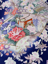 画像をギャラリービューアに読み込む, 紺　扇面　草花　金彩　ぼかし［4570191715558］
