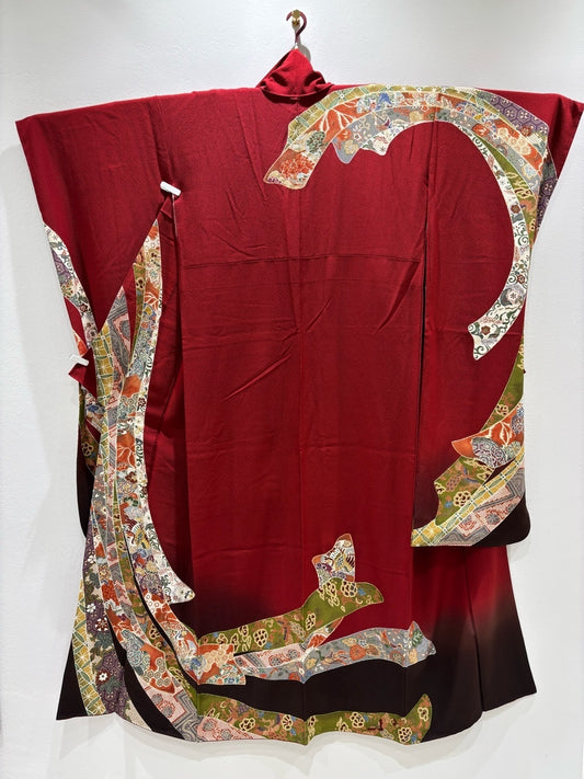 Burgundy, red, Noshi (decorative paper wrapping), flowers and plants, gold leaf, crepe fabric [4570191719419]