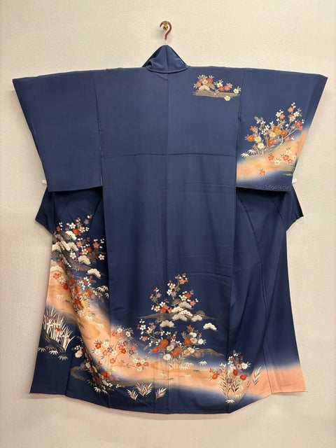 紺　ピンク　立波松竹梅花文　駒刺繍　暈し染め　金彩［4570191714100］