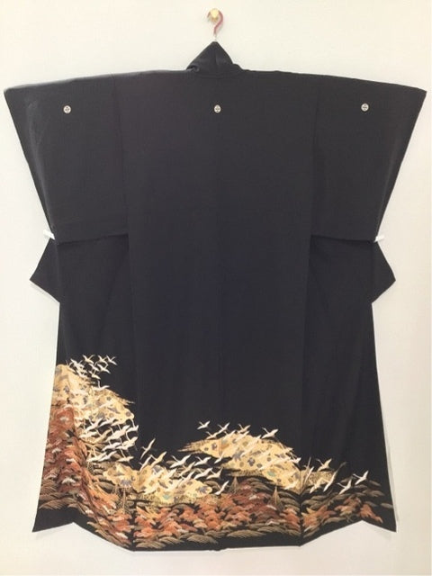 Black formal kimono with flowing water, flying cranes, clouds, and pine branch motif, embroidered with gold leaf [4570191710768]