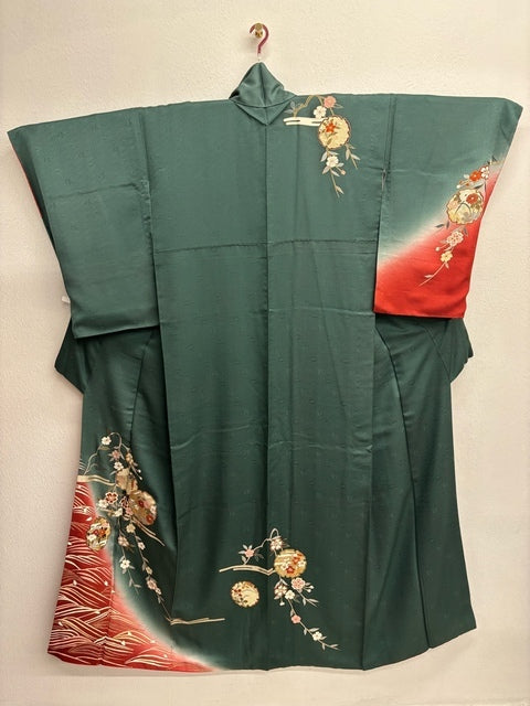 深緑　赤　雪輪草花文　暈し染め　金銀彩［4570191714155］