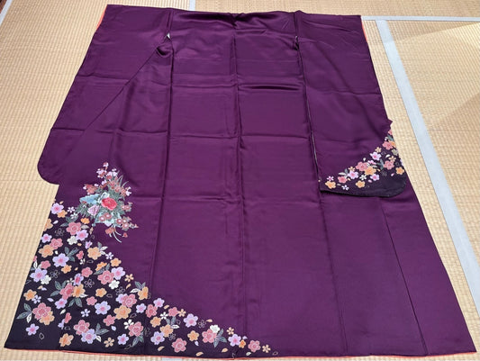 Furisode (long-sleeved kimono) in deep purple with cherry blossom, peony, plum, chrysanthemum, and iris embroidery [4570191656486]