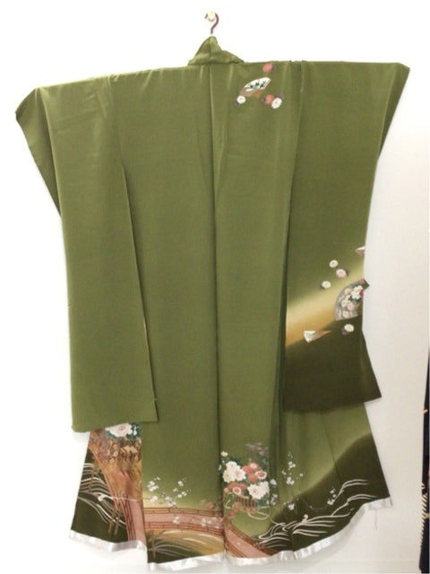 よもぎ色　花車 橋 金彩 箔　仮絵羽［4570191711376］