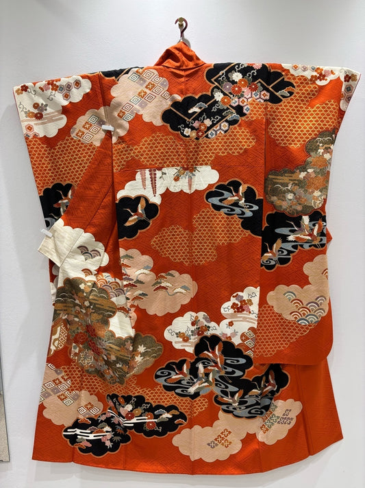 Vermilion orange, cloud pattern, peony, gold thread, gold embroidery [4570191719143]