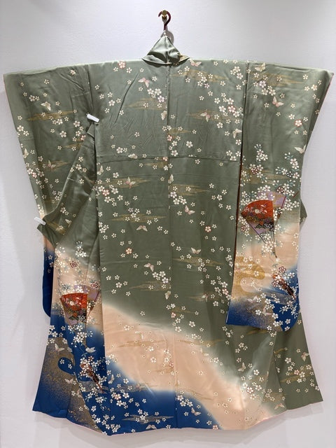 グレー　ピンク　青　扇 桜 金糸 金彩［4570191713677］