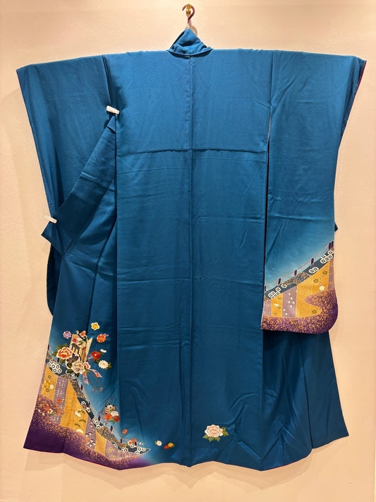 藍色　御所車　糸巻　刺繍　金銀彩［4570191717170］