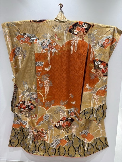 薄茶色　ベージュ　黒　扇　花鳥　金彩　染め分け［4570191712830］