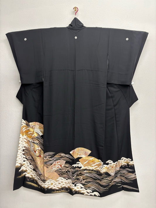 Black formal kimono with crane motif across a bridge, embroidered with gold and silver accents [4570191714599]