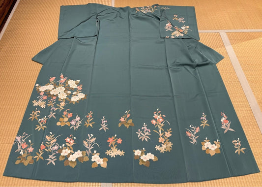 訪問着　灰青緑　牡丹　菫　四季の花［4570191656448］