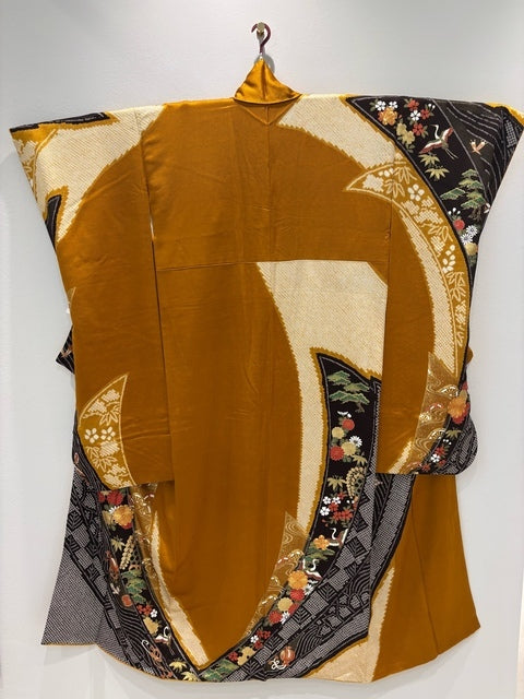 Yellow-brown color, cranes, auspicious motifs, gold thread, gold embroidery [4570191712984]