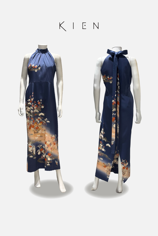 Halter neck top, size L, navy and pink, with a pattern of rising waves, pine, bamboo, and plum blossoms, embroidered with koma-e (horseshoe) stitching, gradation dyeing, and gold accents. [4570191660575]