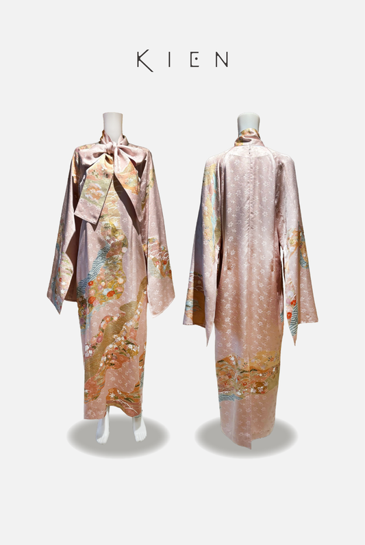 Cygne XL Visiting Kimono, Floral Pattern, Water Flow Design, Gold Embroidery, Pink [4570191671120]