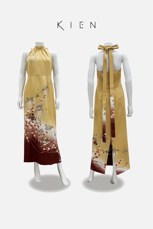 Halter neck (backless) M size, golden yellow with wisteria and fan design, gold accents, gradation. 4570191692668