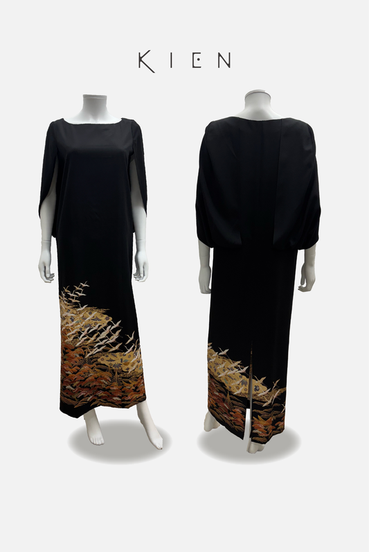 Cocoon L Black Kimono with Flowing Water, Flying Cranes, Clouds, and Pine Tree Design, Komagata Embroidery, Gold Leaf 4570191695522