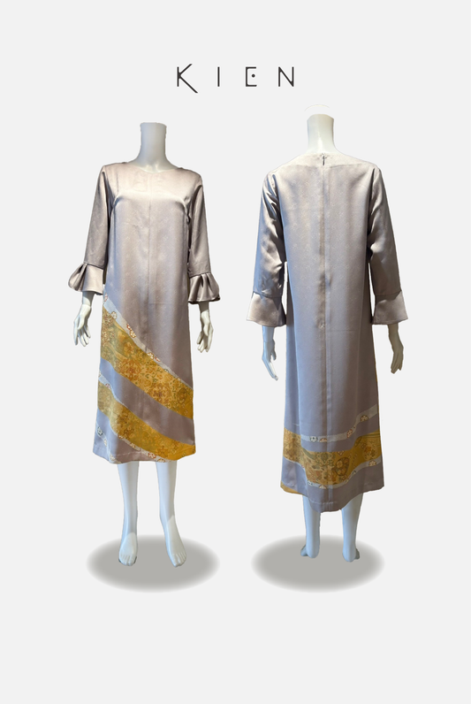 Frilled Sleeve Dress, Size M, Gray, Floral Design, 4570191671458