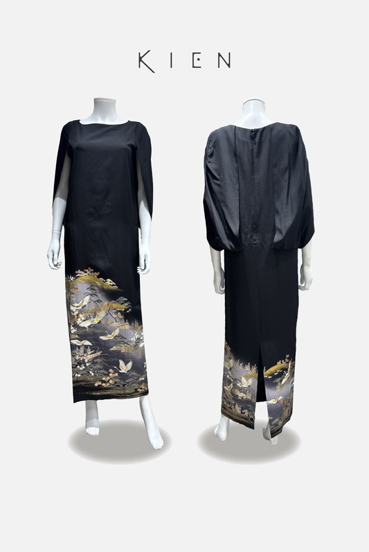 Cocoon M Black Kimono with Flowing Water, Flying Crane and Flower Pattern, Komagata Embroidery, 4570191695904, Gradation Dye, Gold and Silver Thread, Silver Leaf