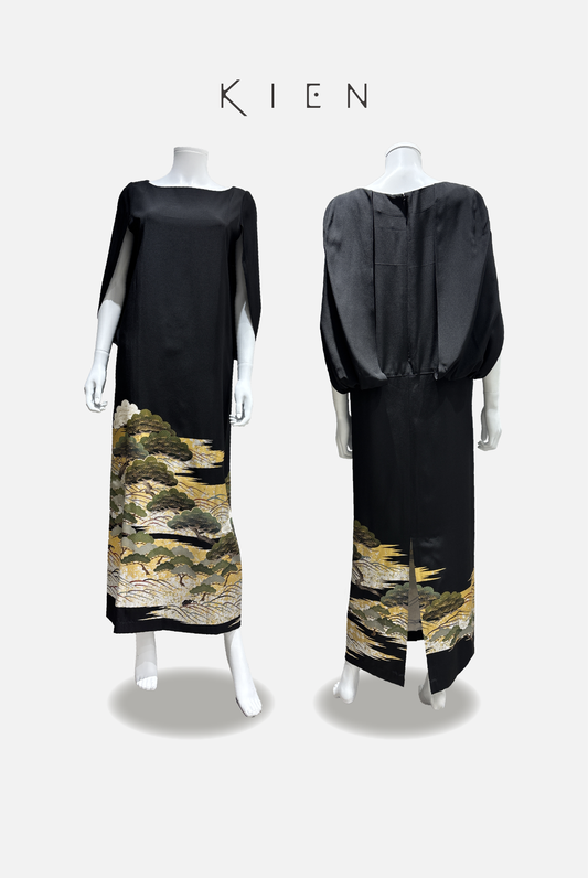 Cocoon L Black Kimono with Pine and Wave Pattern, Komaburi Embroidery, Gold and Silver Accents 4570191695454